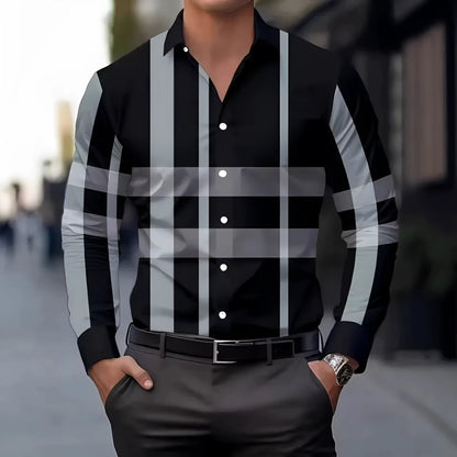Men's striped long sleeve button-up shirt in polyester available in multiple colours and sizes