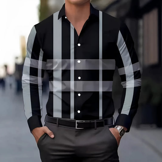 Men's striped long sleeve button-up shirt in polyester available in multiple colours and sizes