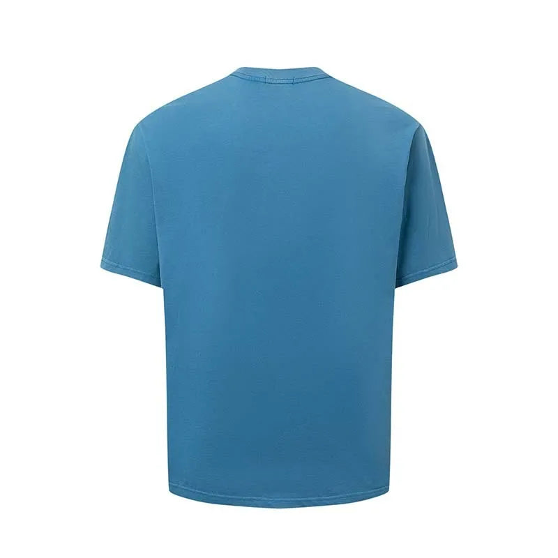 Men's loose blue t-shirt with large white letter print on the chest.