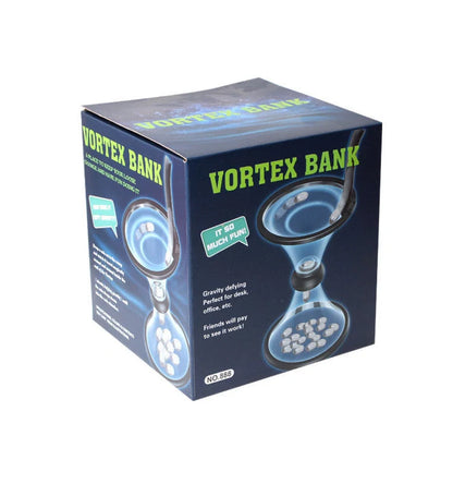 Transparent vortex piggy bank with coins spiraling down, fun and educational