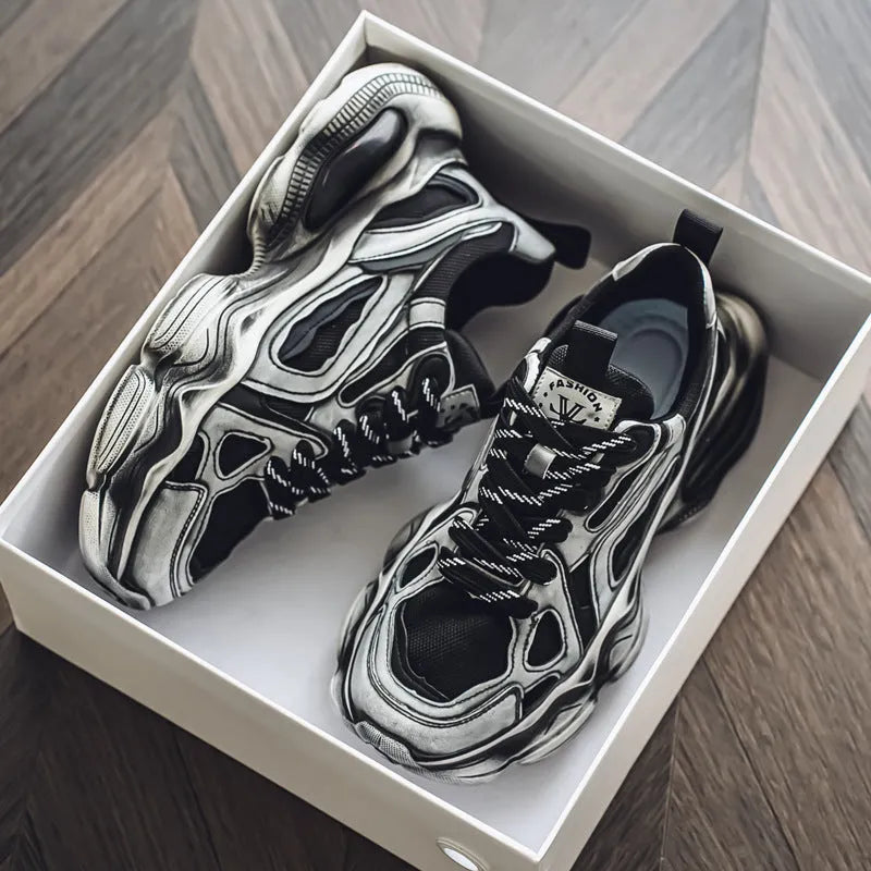 Men's black mesh sneakers with 3-5cm platform heel, non-slip rubber sole, and lace-up closure for sports