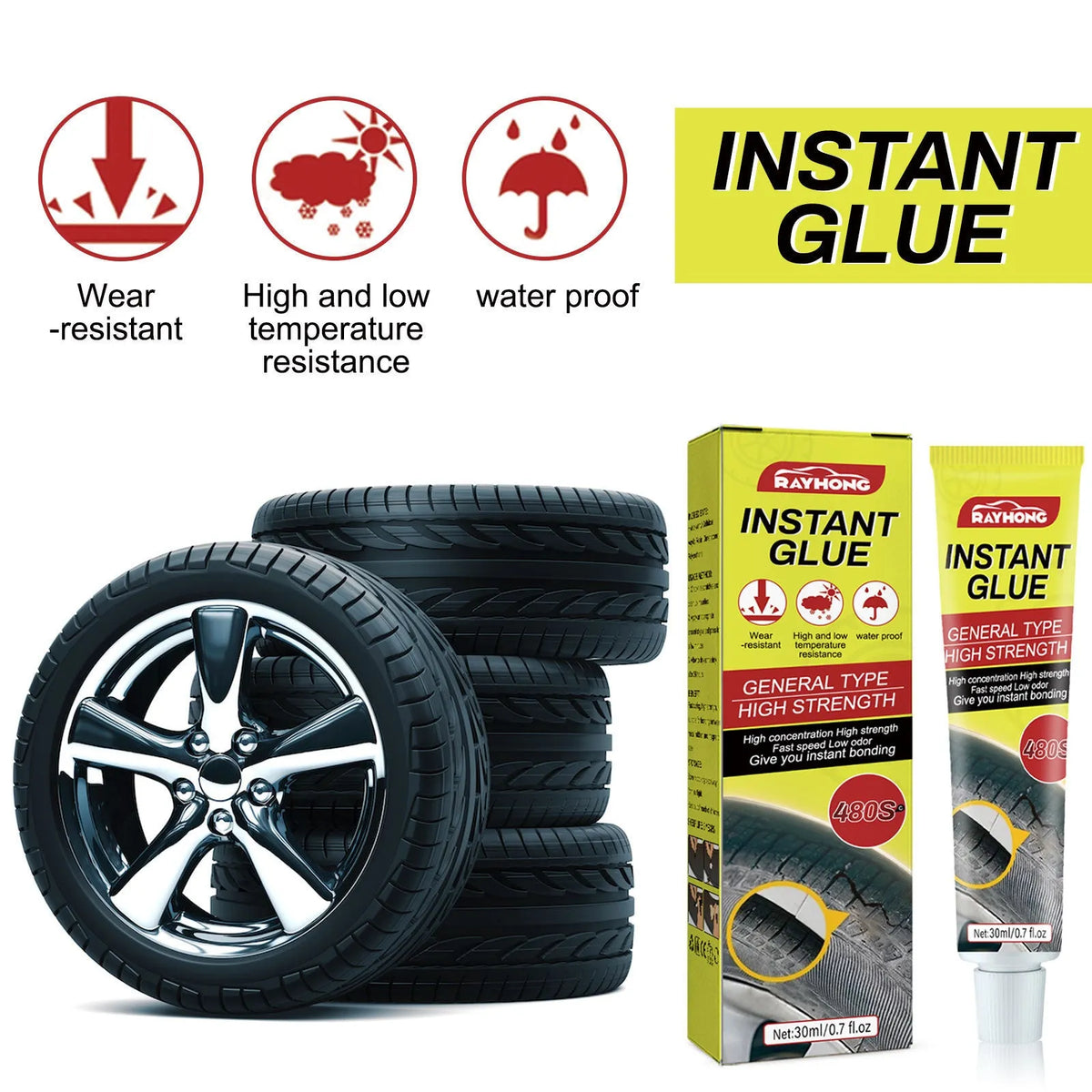 30ml tube of car tyre repair glue with hydroxyethyl fibre and acrylic resin formula