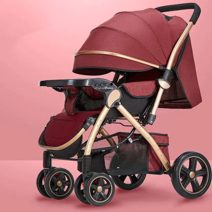 Baby stroller with reversible seat in sky blue colour showing folded and unfolded configurations