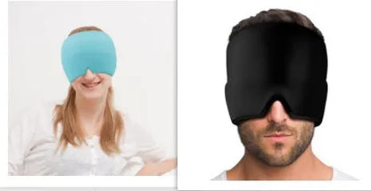 Black elastic cooling gel eye mask for headache relief placed on a forehead.