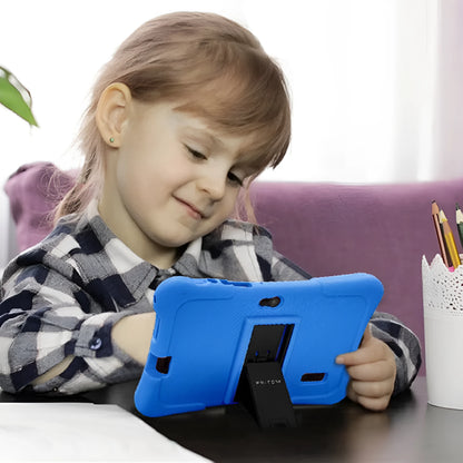 7-inch children's tablet with silicone sleeve, HD screen, WiFi and Bluetooth, shown in blue.