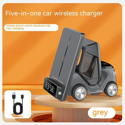 15W three-device wireless charging bracket in grey, white, yellow, or orange with compact 150x146x75mm dimensions