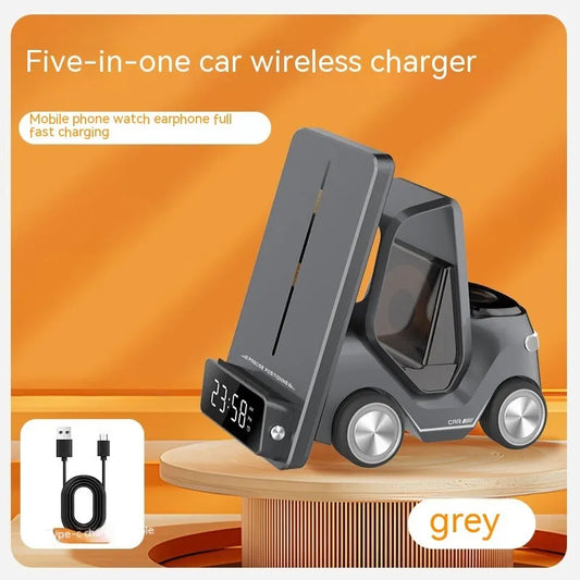 15W three-device wireless charging bracket in grey, white, yellow, or orange with compact 150x146x75mm dimensions