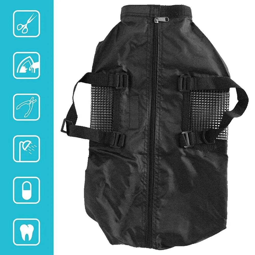 Black cat grooming restraint bag made from 420D PU Oxford fabric, shown open and folded.