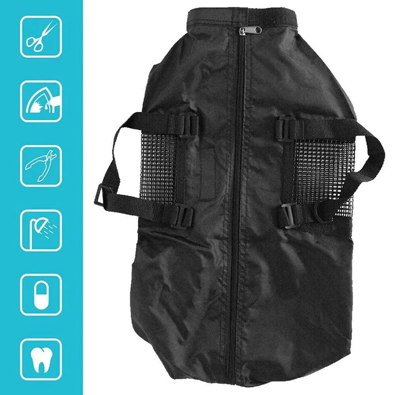 Cat bathing and grooming bag, an anti-scratch restraint bag for pet washing, drying, and feeding, measuring 28 x 17 x 2.5 cm, made from 420D PU Oxford fabric, with a folded size of 10 x 10 x 3 cm and net weight of 125G.