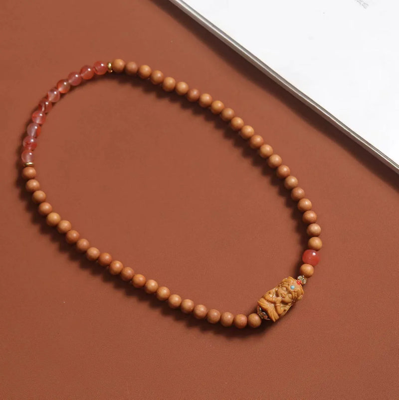 Sandalwood South Red Zachilam Bracelet with South Red Double Circle Design, 6mm Round Beads, Unisex Wooden Woven National Style Bracelet in Brown