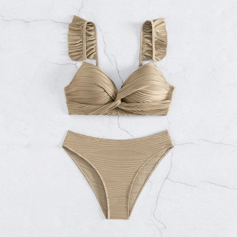 Women's solid colour polyester bikini swimsuit in black or khaki shown as two-piece set