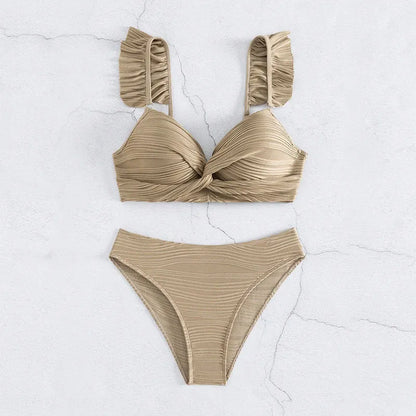 Women's solid colour polyester bikini swimsuit in black or khaki shown as two-piece set