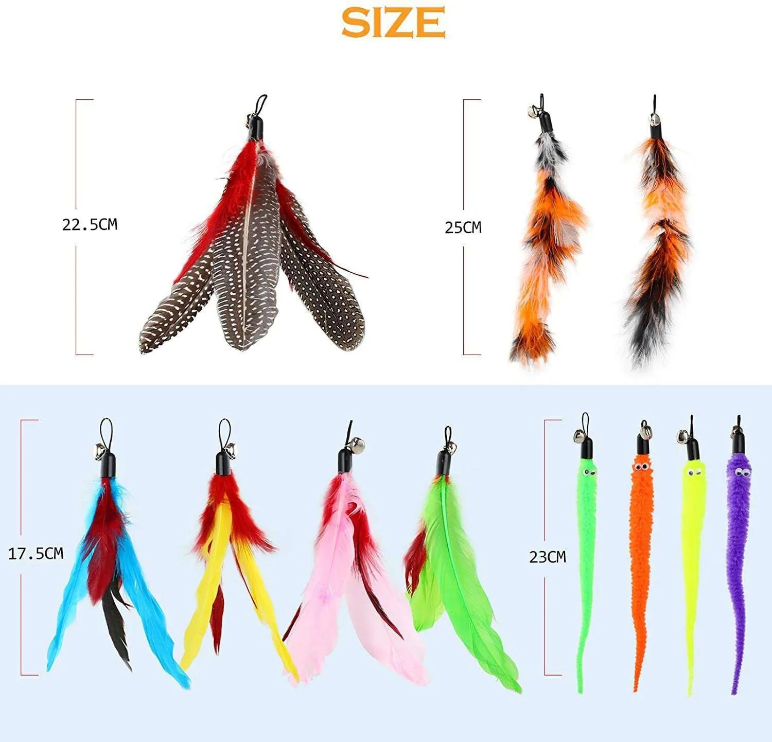 Extendable cat teaser wand with colourful feather heads on a blue background, showing collapsed and extended lengths.