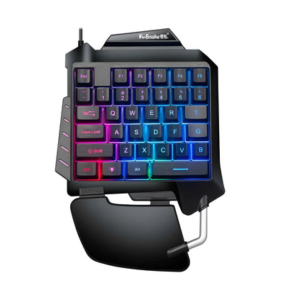 Black left-handed one-handed desktop gaming keyboard with USB cable and integrated hand rest