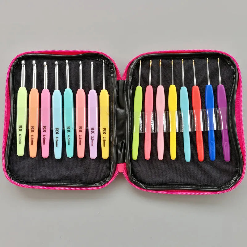 Crochet hook set with 16 pieces, ABS and polyethylene handles, sizes 1.0mm to 6.0mm, and PU storage bag