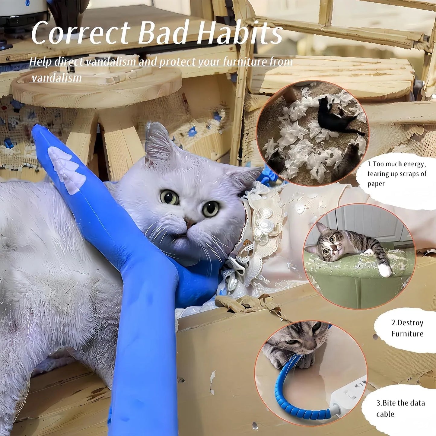 Blue and pink plush cat wand toy with a 70cm length and soft foam-filled head.