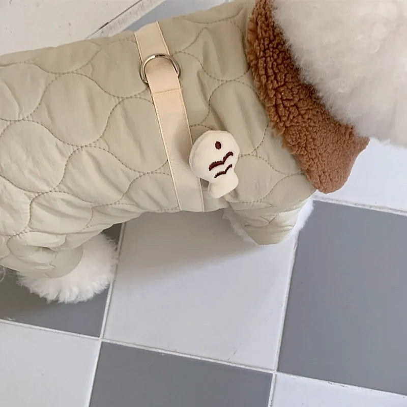Dog four-legged cotton-padded clothes in small green fish or small white fish, sizes XS to XL