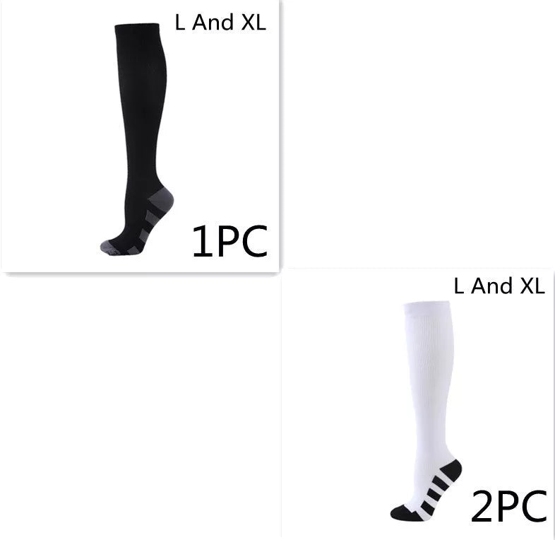 Athletic compression socks with three-bar design in black, pink, and white