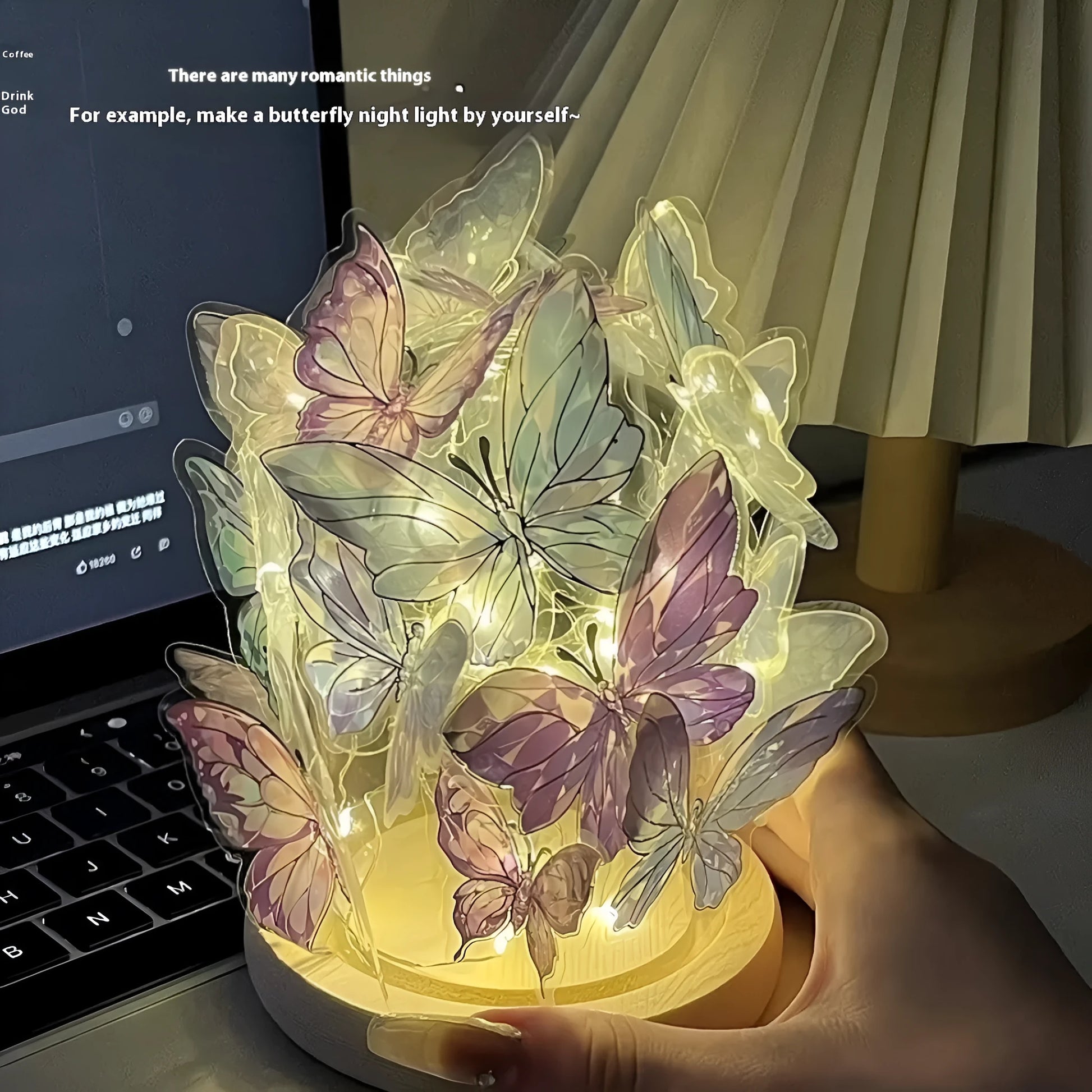 Handmade butterfly night lamp with glass shade on raw wood base, 12cm by 15cm.