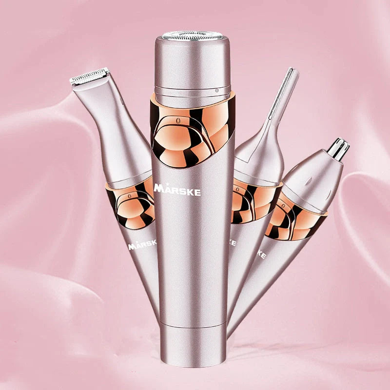 Four-in-one electric shaver in light fuchsia with USB charging cable and multiple cutter heads