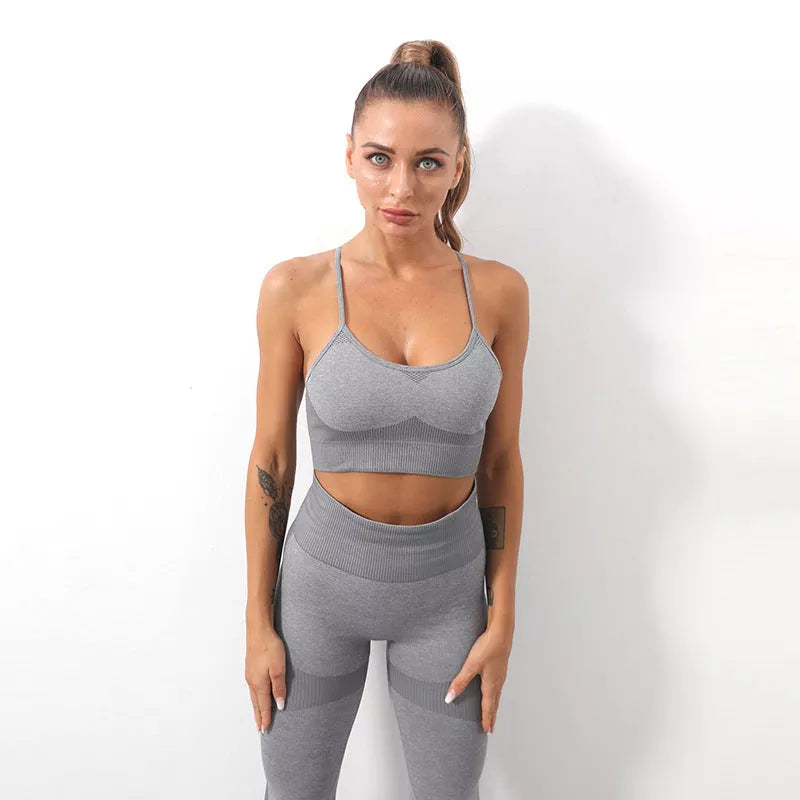 Women's seamless knitted sling sports bra yoga suit in purple, gray, green, and black