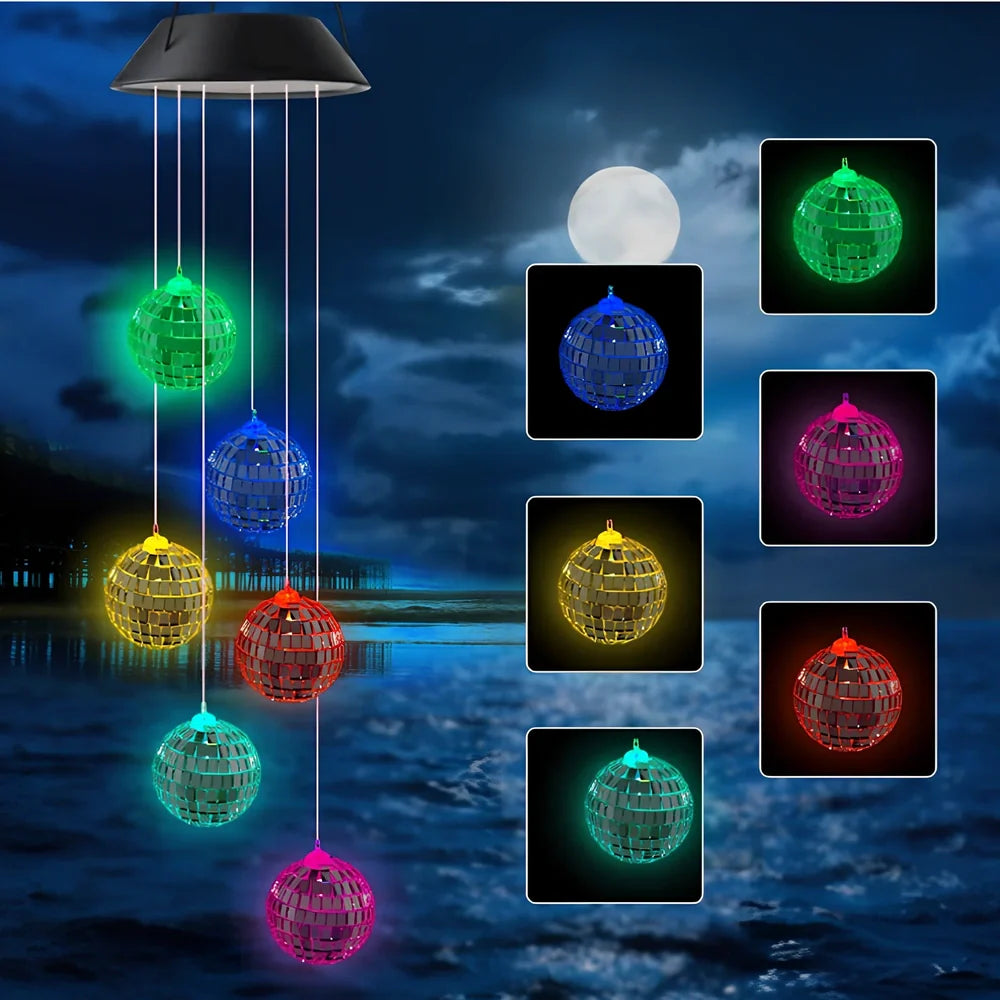 Solar-powered wind chime garden lamp with hummingbird design, automatic day-night operation, waterproof construction