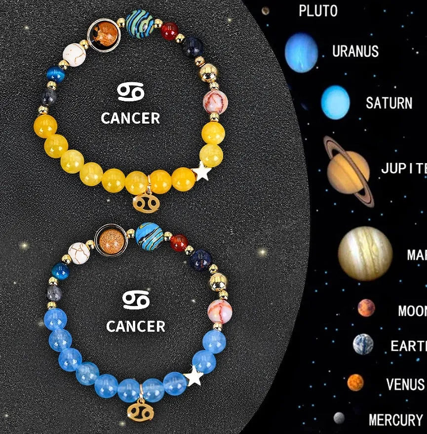 Twelve Zodiac Sign beaded bracelet set with natural stone beads on adjustable cord, showing two bracelets for mix-and-match styling.