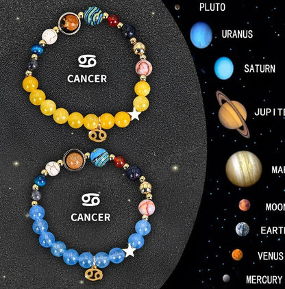 Twelve Zodiac Sign beaded bracelet set with natural stone beads on adjustable cord, showing two bracelets for mix-and-match styling.