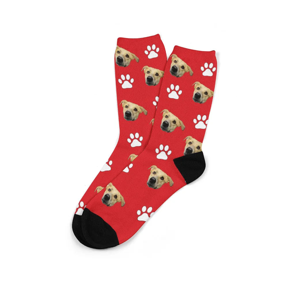 Personalised mid-calf photo socks with printed cartoon designs in multiple colour options