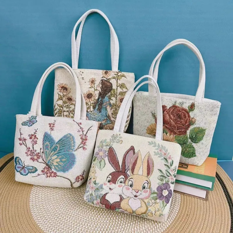 Canvas embroidery shoulder bag handmade polyester drawstring small bag thickening medium bag large bag wear-resistant embroidery lining texture practical everyday bag for women men with double-sided gold wire handles