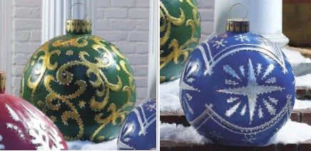 Vibrant, inflatable Christmas ornaments in various holiday designs for outdoor decoration