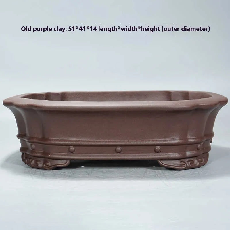 Handmade purple clay rectangular flower pot with antique finish, dimensions 51x41x14cm