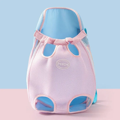 Canvas cat carrier backpack with animal bear print and ribbon trim for small pets.