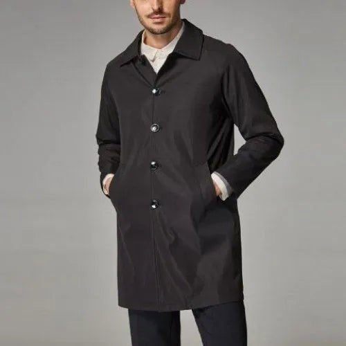 Men's khaki loose fit mid-length rabbit fur trench coat on hanger