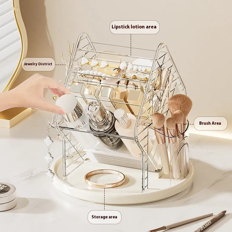 Rotating cosmetics storage box with 360° rotation in clear or amber gold plastic, odour-free construction