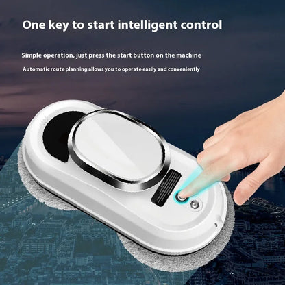 White high altitude cleaning machine with remote control and cleaning accessories on white background
