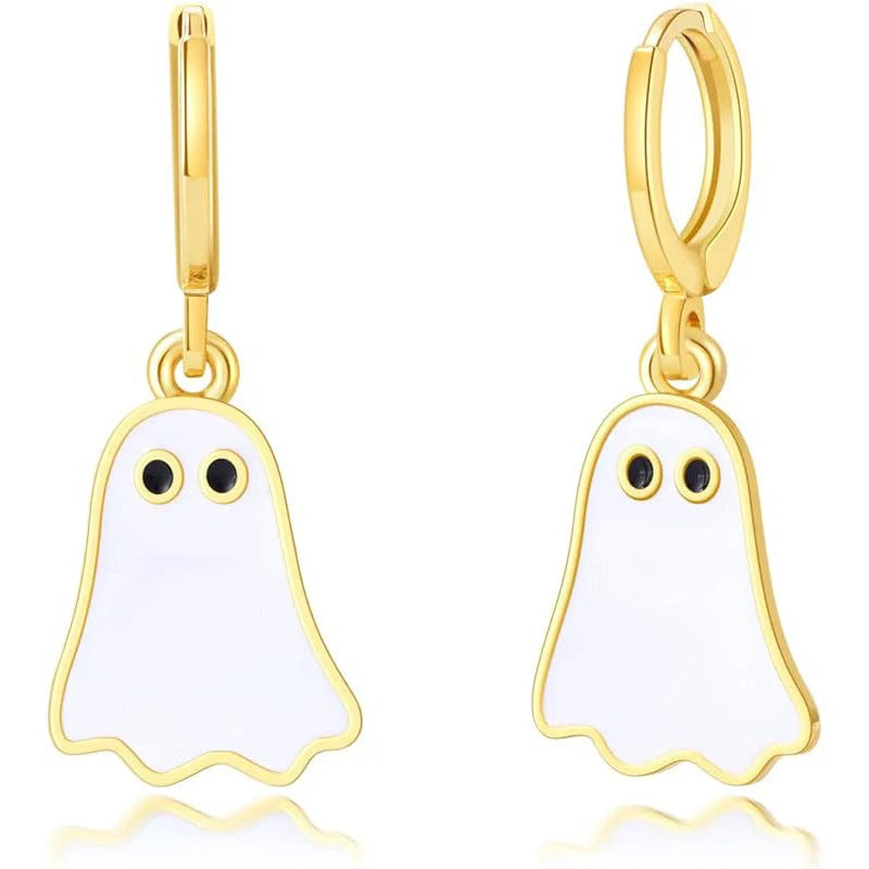Spooky and Stylish Halloween Ghost Earrings for Women in Gold, Unique Hoop Earring Design for Festive Occasions