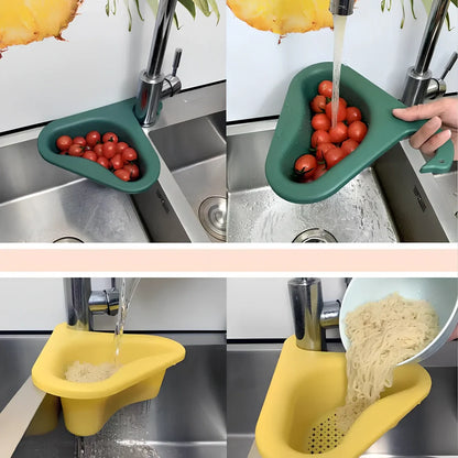 Yellow swan-shaped plastic kitchen drainer basket with drainage holes on kitchen counter