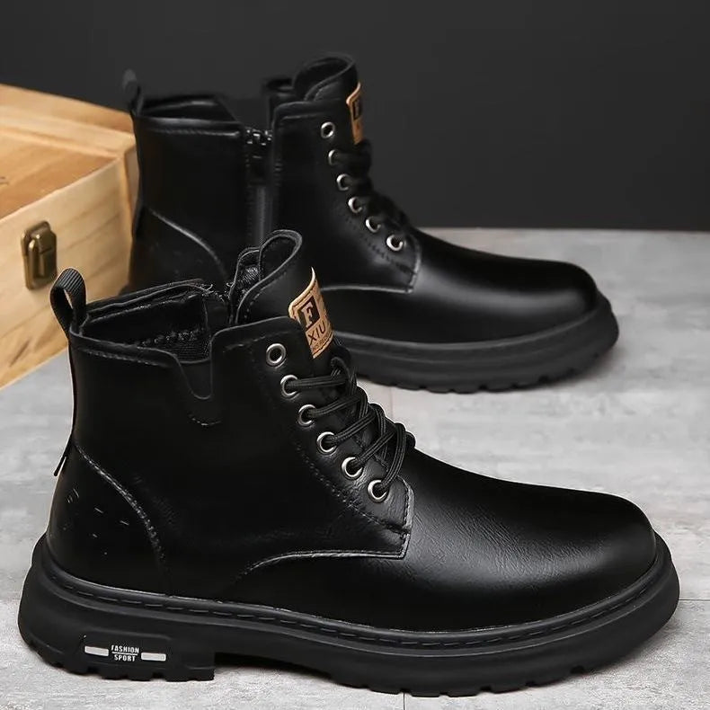 Men's British Martin boots in black or brown, lace-up front, thick rubber sole, sizes 38-45.