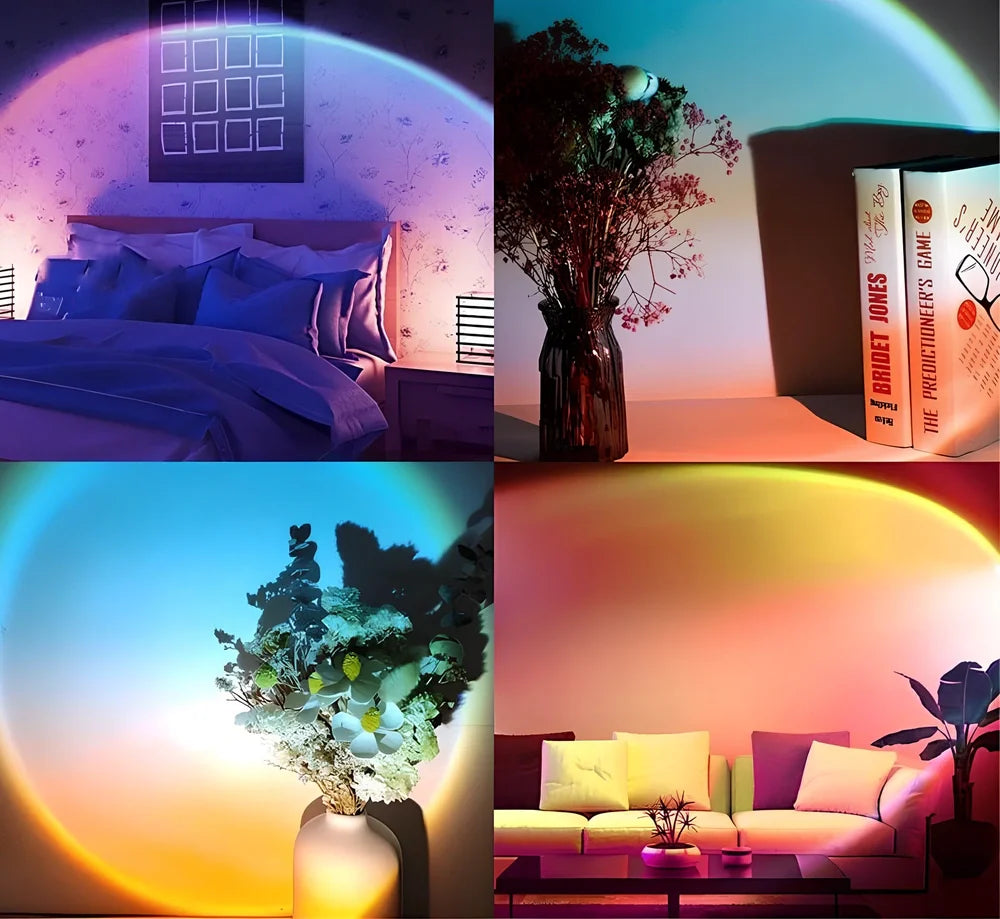 Sunset projection lamp with remote control showing rainbow colour lighting effects on wall