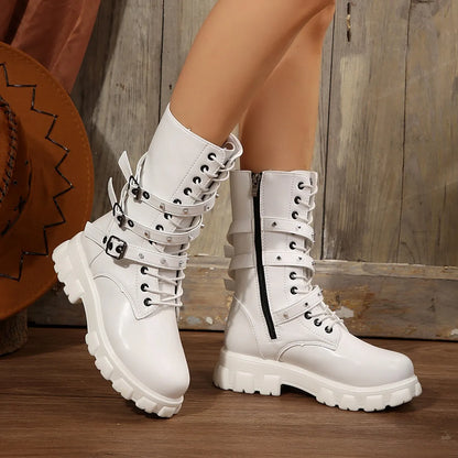 Women's black mid-calf knight boots with side zipper and metal buckle details