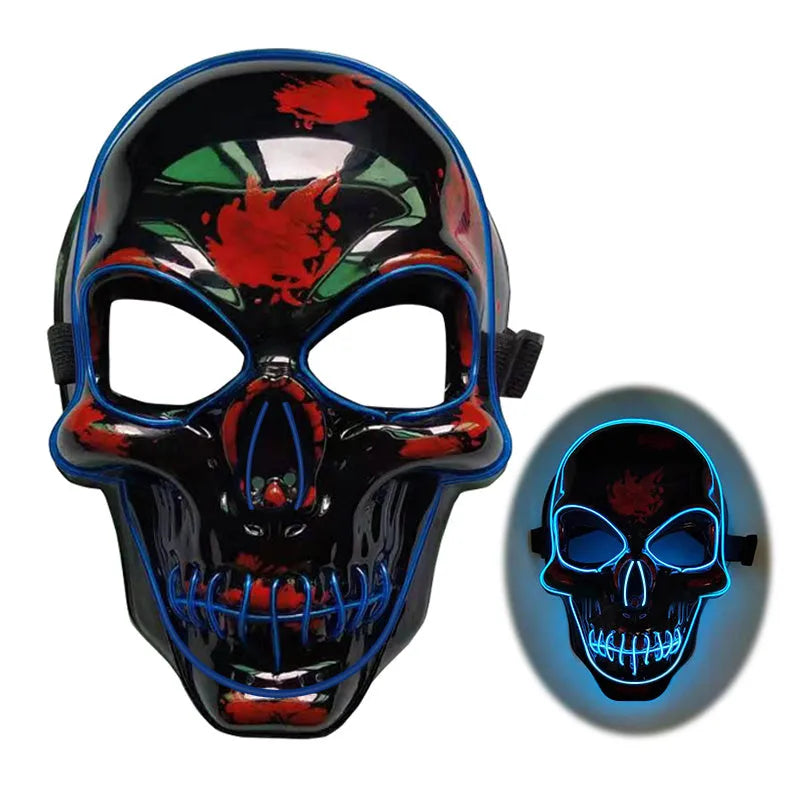 Blue LED glow skeleton mask with flashing lights on a person's face