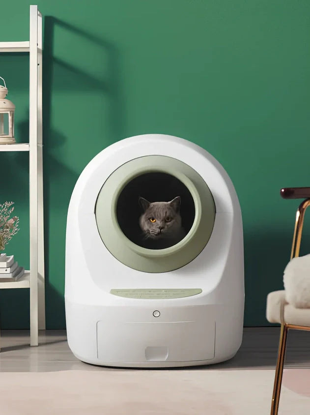 Electric smart cat litter box with WiFi connectivity in blue colour with enclosed design