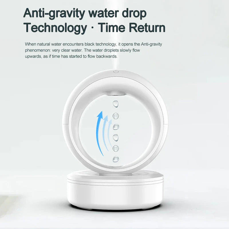 Levitating anti-gravity humidifier with water droplets suspended in mid-air, creating a captivating visual display