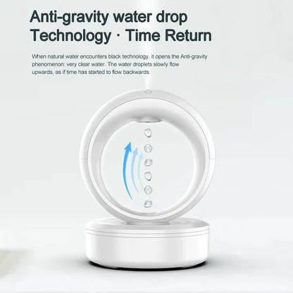 White round USB-powered anti-gravity humidifier creating optical illusion of levitating water droplets