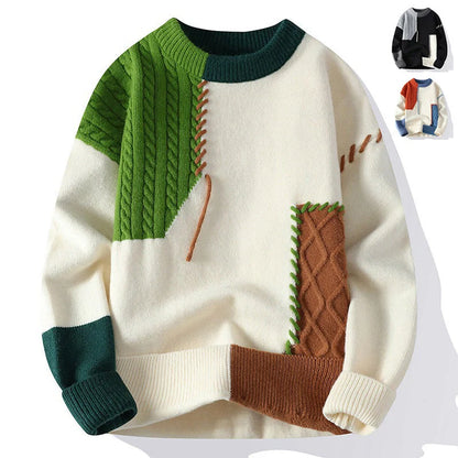Men's colorblock pullover sweater in green, orange, and gray for winter fashion