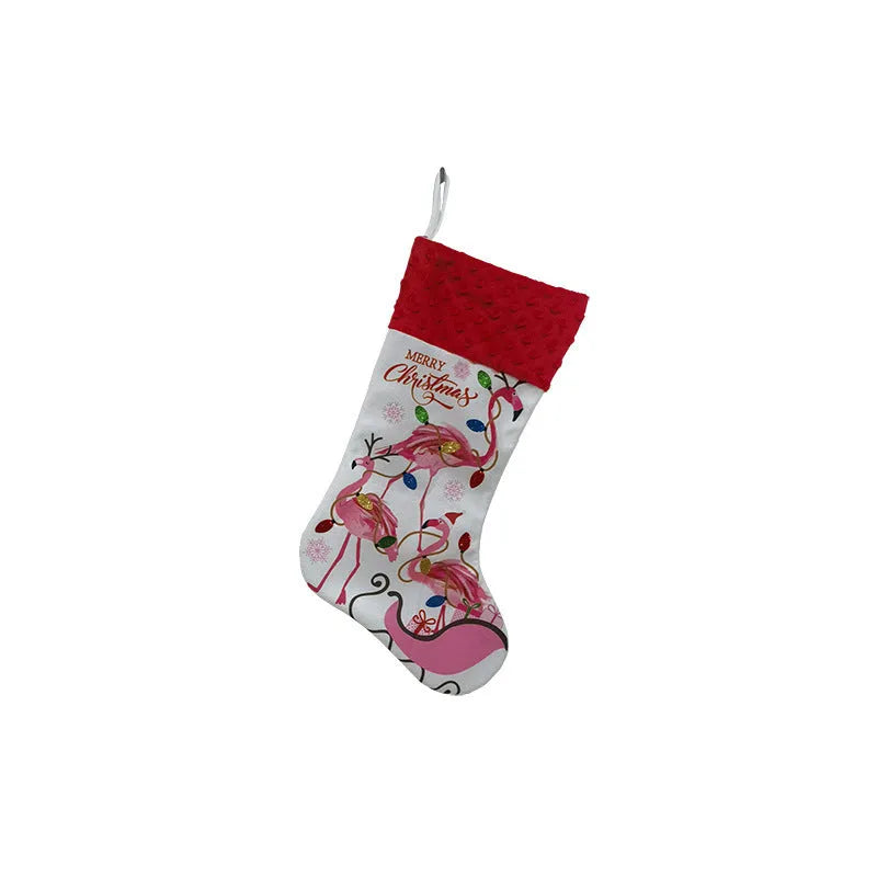 Flamingo Christmas stockings measuring 46cm by 28cm in cloth material with hanging loop