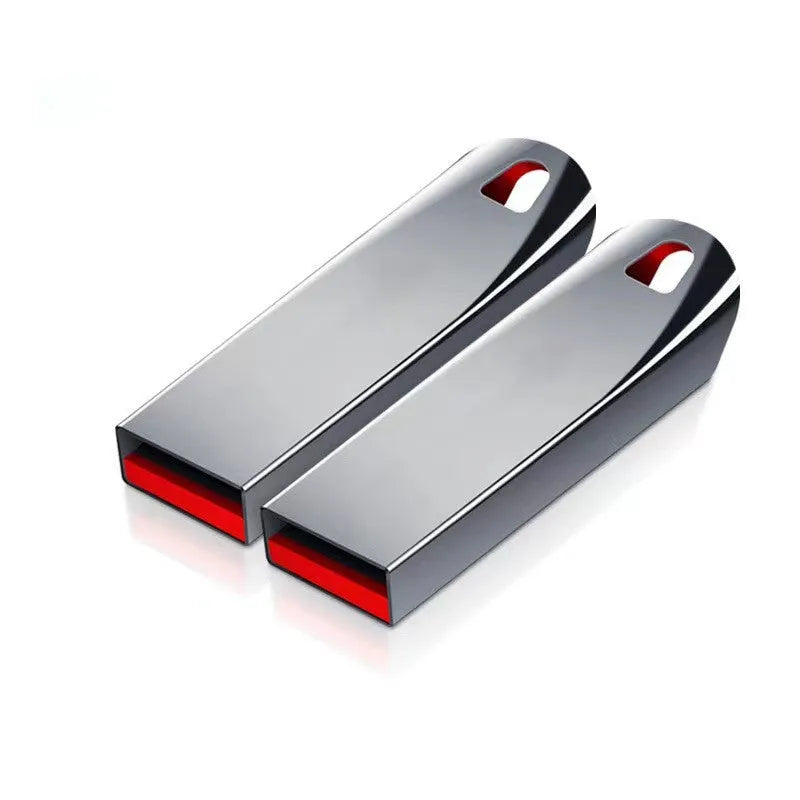 Metal USB flash drive showing creative design with USB 2.0 connector, capacity options from 8GB to 2TB
