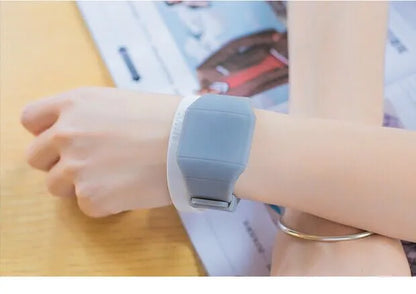 Square digital electronic watch with touch screen on a PU strap, shown in multiple colour options.