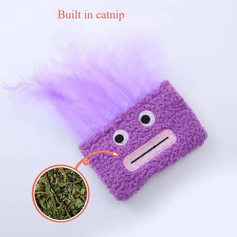 Catnip plush toy with funny explosion head shape and big mouth design in blue, green, orange, or purple colours